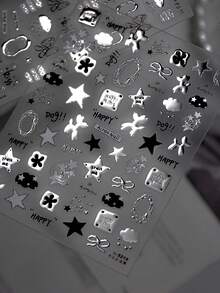 1片金属美甲贴纸，DIY手工美甲贴花，图案包括星星、月亮、苹果、五角星、涂鸦、可爱猫咪，甜辣Y2K风格美甲 - 灰色 - 查看 2