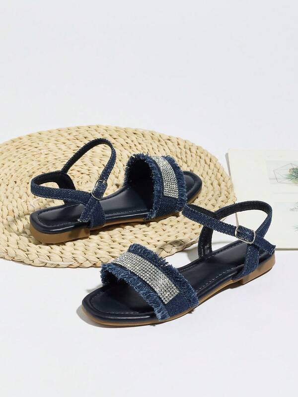 Children & Teens' Fashion Cute Tassel Denim Rhinestone Princess Shiny Flat Sandals, Comfortable Non-Slip Soft Sole Suitable For Outdoor, Indoor, Party, All Season