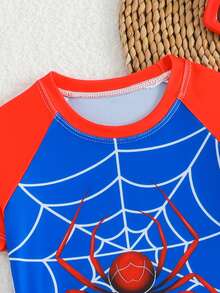 This Fashionable And Refreshing Summer Casual Vacation-Style 2-Piece Swimsuit Set Is Specially Designed For Little Boys. It Features A Cartoon Spider Digital Print, With Stretchy And Quick-Drying Breathable Fabric, Comfortable To Wear, Suitable For Surfing And Beach Wear. - Blue - View 3