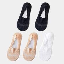 5双装女士夏季吸汗深V领硅胶防滑薄款樱花蕾丝船袜（不含纸板）