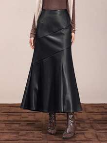 Apperloth A 女士优雅黑色半身裙，PU皮革拼接细节，A字高腰修身长裙，带隐形拉链，美人鱼造型，春秋季服装，商务休闲装扮 - 黑色 - 查看 3