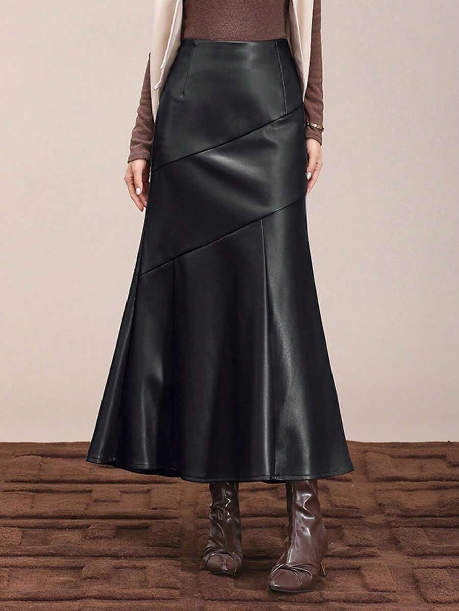 Apperloth A 女士优雅黑色半身裙，PU皮革拼接细节，A字高腰修身长裙，带隐形拉链，美人鱼造型，春秋季服装，商务休闲装扮 - 黑色 - 查看 1