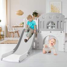 Tobogán infantil 8 en 1 con aro de baloncesto, volante, telescopio y túnel. Tobogán independiente para niños pequeños, ideal para interiores y exteriores. Incluye pelota y espacio de almacenamiento. - Gris - Ver 6