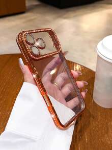 1 PIEZA Funda de teléfono transparente con rhinestones de lujo con baño de metal compatible con iPhone 17 Pro Max, 17 Pro, 16, 15, 14, 13, 12 Pro Max, 14, 15, 16 Plus, 11, 17, 13 con protección de lente brillante - Naranja - Ver 3