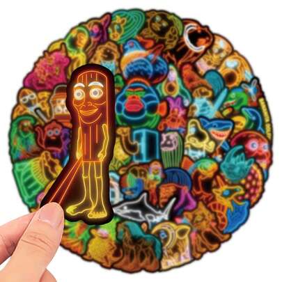 50张趣味霓虹风格抽象动物贴纸 Tung Tung Sahur 意大利脑残动物卡通贴花行李箱手机汽车DIY礼物