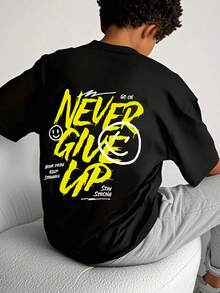 永不放弃励志标语，青少年男孩休闲时尚创意酷炫图案T恤，适合儿童夏季上衣和青少年衬衫 - 黑色 - 查看 2
