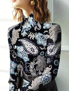 复古佩斯利花纹高领修身长袖上衣，柔软弹力面料，百搭复古风印花女式衬衫，适合春季穿着 - 彩色 - 查看 3