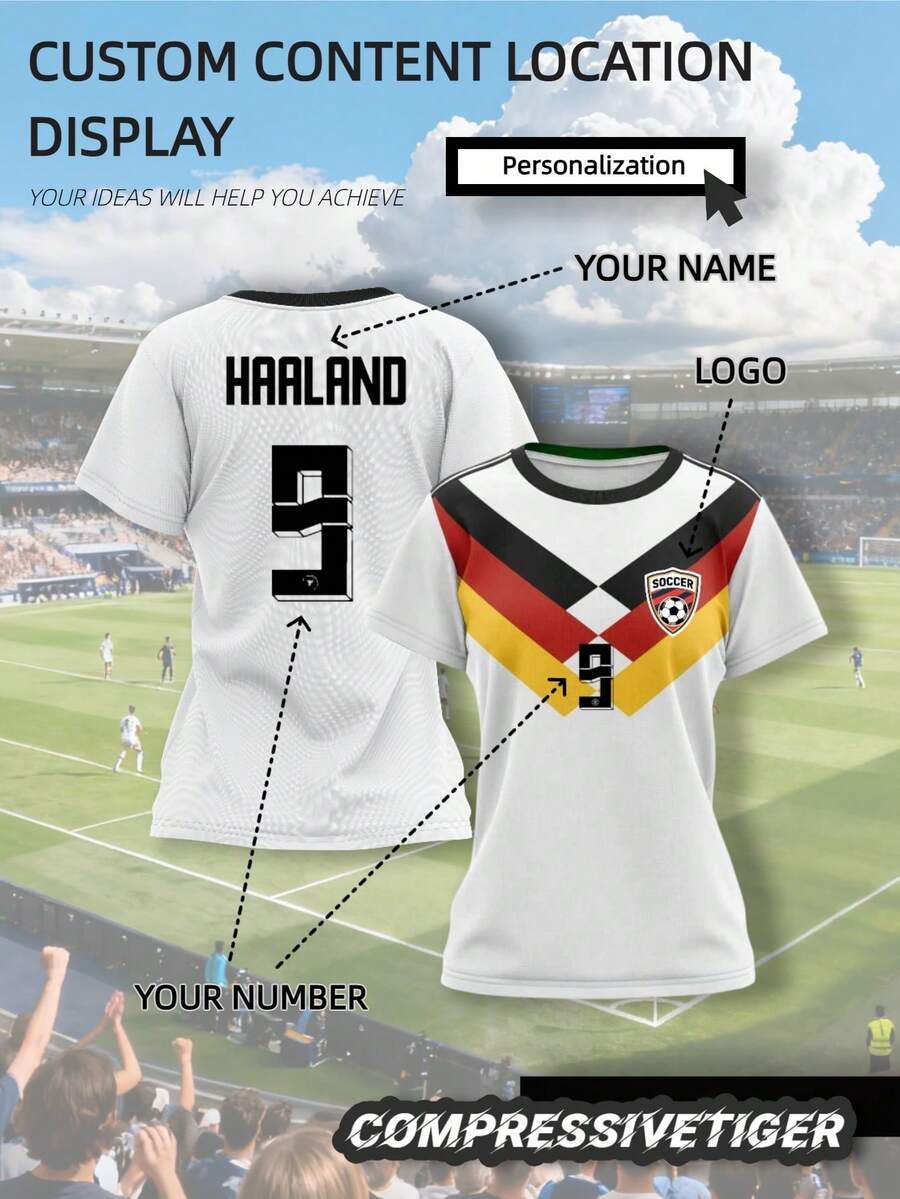 Customized 2026 Germany World Cup Short Sleeve Soccer Jersey - Women's Personalized Football Shirt, Printable Name And Number, Suitable For Sports And Casual Wear, Breathable Athletic Top For Soccer, Basketball, Running, Sports Fan Outfit, Also An Ideal Gift For Halloween, Thanksgiving, Christmas And New Year - White - View 1