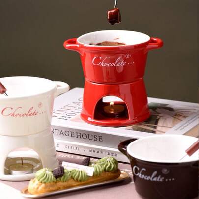 1 Set Ceramic Chocolate Melting Pot, Cheese Warmer Cup, Chocolate Fondue Set, Ice Cream Fondue Cup, Coffee Cup, Detachable Ceramic Chocolate Melting Pot, Cheese Fondue Warmer Device, Fondue Pot