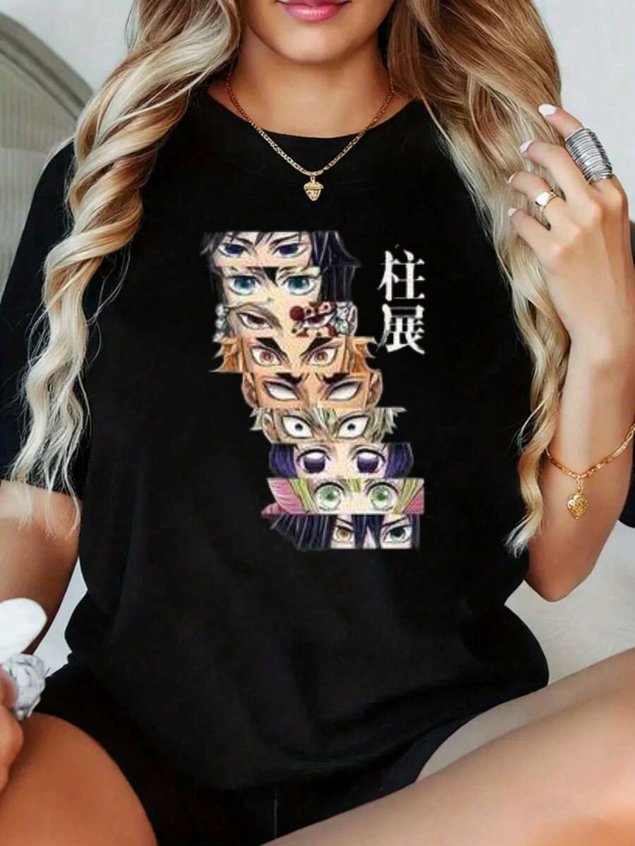 Demon S-Slayer Short SleeveDemon S-Slayer Hashira Faces Anime T Shirt Women Men Unisex Cotton Graphic Tee Fashion Casual TopAnime Short Sleeved Shirt Suitable For Partysports And Other Holiday Gifts. - 黑色 - 查看 1