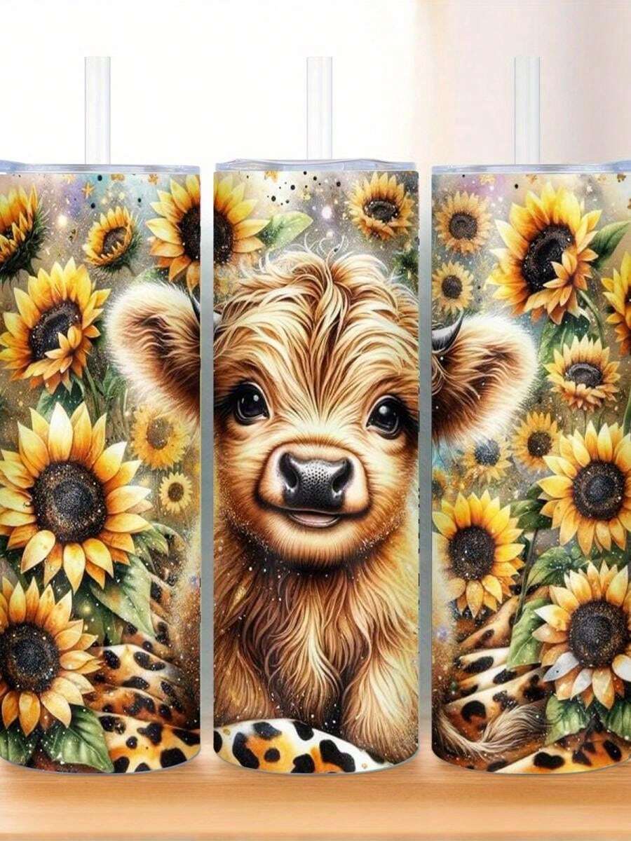 20oz Insulated Stainless Steel Tumbler With Straw - Highland Cow & Sunflower Print, 304 Stainless Steel, Leakproof & Rustproof, Keeps Drinks Hot/Cold Hours, Home, Travel, Outdoor Use - Mom, Birthday Present, Christmas Gifts - Đen 2 - Xem 1