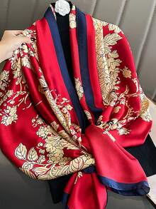 1pc Women's Silky Floral Print Long Scarf - Red - View 2