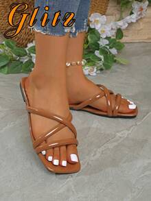 Women's Flat Sandals, Red Sandals, Brown Sandals, Shiny, Square Toe Design, Comfortable & Stylish, Suitable For Vacation & Beach, Slip-On Convenience - Brown - View 15