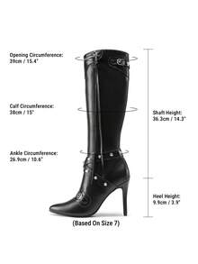 Women Metallic Stiletto Heeled Knee-High Boots, Punk Gothic Thigh High Pointed Toe Motorcycle Sexy Party Prom Christmas Dress Boots With Stud And Zipper Tassel - 黑色 - 查看 4