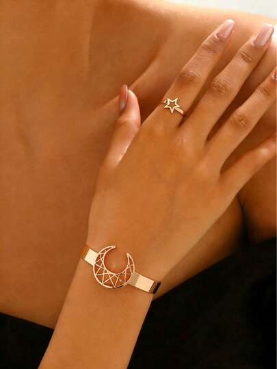 2 pièces Ensemble de bracelet en forme de croissant de lune minimaliste avec ligne creuse et bague en forme d'étoile, bijoux à la mode cadeau pour femmes, convient pour les fêtes, les vacances