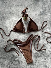 Sexy Woven Texture Bikini 2 Pieces Set Triangle Top + Side-Tie Briefs Slimming & Adjustable Design, Must-Have Summer Beach Vacation Swimwear - Brown - View 4