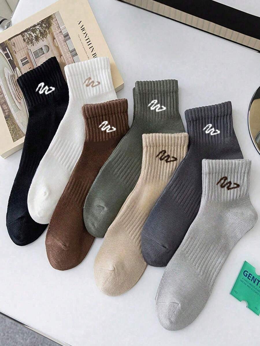 7 Pairs Men's New Multicolor Simple Line Geometric Pattern Casual Low-Cut Ankle Socks, Soft & Comfortable, All Season - Multicolor - View 1