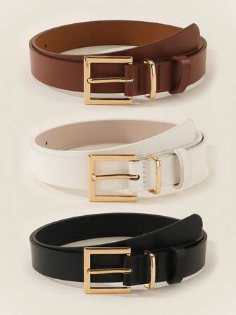 3 st guldfärgat PU-läderbälte med oregelbundet spänne för kvinnor, lämpligt för T-shirt/klänning/kostym, modernt och elegant mångsidigt bälte för vardagsbruk