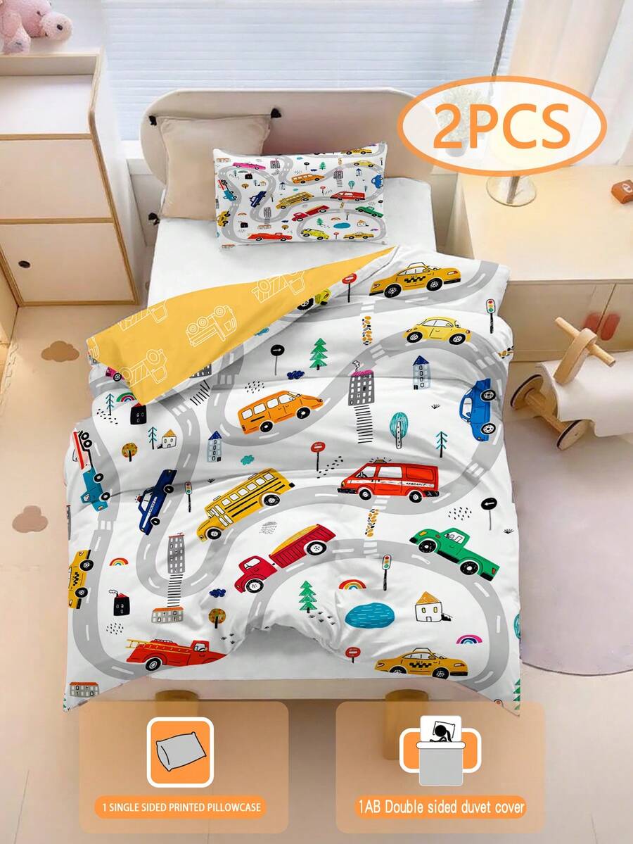儿童卡通汽车主题床上用品套装（1件套），双面印花（1个单面印花枕套+1个双面印花被套），适合幼儿园/托儿所使用。数码印花可爱图案被套，儿童被套和枕套，适合幼儿、婴儿、儿童。采用90克涤纶面料，透气亲肤。足球图案被套，适合儿童、男孩和女孩。 - 彩色 - 查看 1
