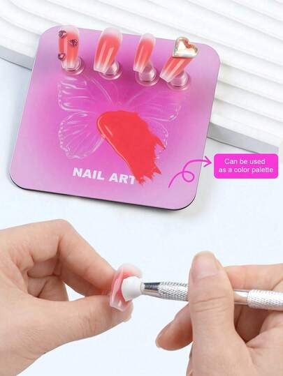 1 Giá đỡ trưng bày móng tay hình trái tim và bướm màu hồng & bạc, thích hợp để trưng bày và luyện tập dán móng/sơn móng, bảng pha màu 2 trong 1, đế móng nghệ thuật hình mắt mèo từ tính, thích hợp để luyện tập dán móng giả, dụng cụ làm móng