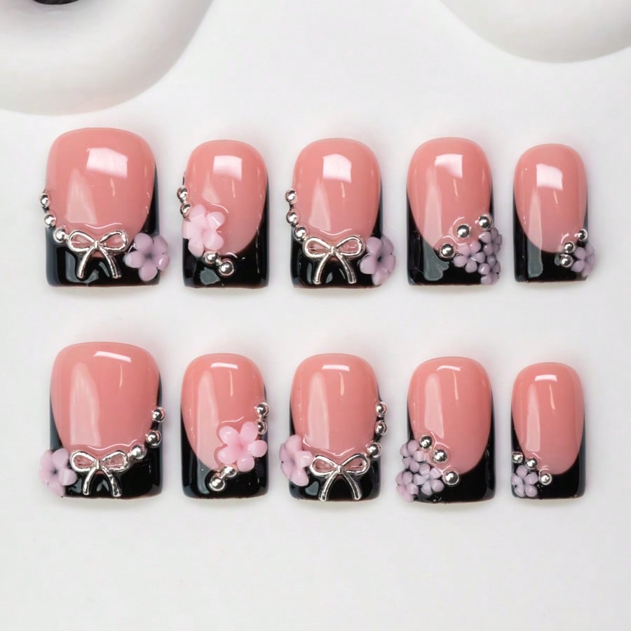 10pcs/Set Handmade Square Nail Tips With French Edge, Bow, Flower, Bead Elements, Y2K Baddie Style, Nude & Black Color, Suitable For Party, Wedding, Daily Wear, Includes Tool Kit, Great Gift For Women & Girls Nails Nail Supplies Handmade Press On Nails