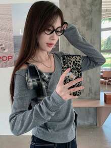 不对称蝴蝶结肩部针织毛衣，女士修身长袖上衣