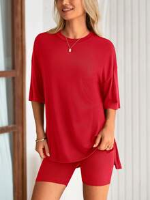 PRETTYGARDEN Women's Summer Clothes 2 Piece Sets Lounge Set Casual Oversized Shirts Biker Shorts Matching Airport Travel Sweatsuit Set Women Vacation Outfit Red Summer BrunchOutfits For Women - 紅色 - 查看 6