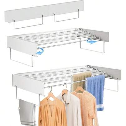 39.4" Wide Laundry Drying Rack Collapsible 13.1 Linear Ft 5 Stainless Steel Rods 45 Lb Capacity Wall Mounted Clothes Drying Rack 100cm With Towel Rack White