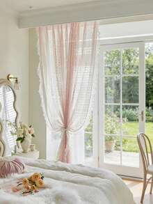 NewWPKIRA 2 Panels Princess Style Pink Embroidery Sheer Curtains With Beaded Lace Rod Pocket Top - 粉色 - 查看 10