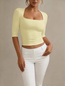 XLLAIS Three Quarter Sleeve T Shirt Double Layer Elasticity Deformable Collar Tight Fitting Top - Yellow - View 3