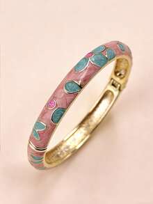 Vintage Chinese Style Enamel Floral Pattern Alloy Inlaid Fashionable Hinged Bangle Bracelet For Women - Pink - View 3