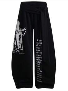 High Street Vintage Letter Print Tie-Waist Layered Curved-Leg Sweatpants For Men Spring/Fall New Arrival Street Dance Loose Wide-Leg Long Pants - 黑色 - 查看 1