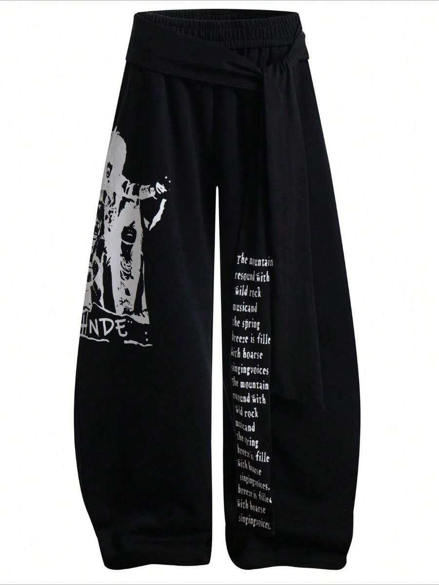 High Street Vintage Letter Print Tie-Waist Layered Curved-Leg Sweatpants For Men Spring/Fall New Arrival Street Dance Loose Wide-Leg Long Pants - 黑色 - 查看 1