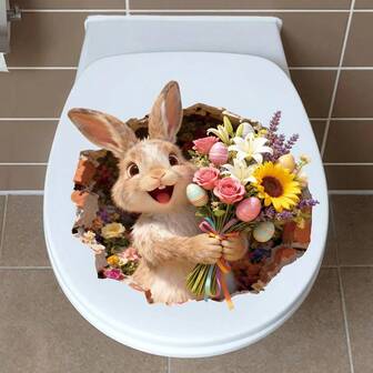 1pc Creative Rabbit Holding Flowers Toilet Sticker, Removable Decal, Suitable For Easter Bedroom Bathroom Home Decor