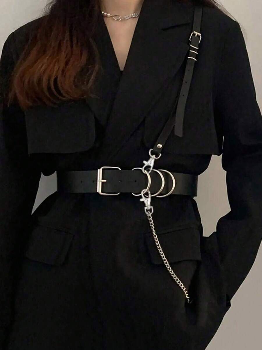 1pc Women's Punk Rock Black Adjustable Simple PU Leather Fashion Suspenders, Suitable For Suits, Coats Or Casual Wear - Black - View 1