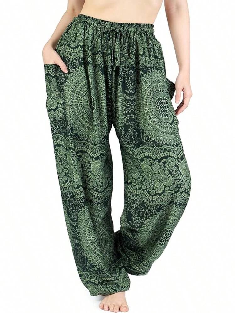 Women's Harem Pants - Boho Elephant High-Waisted Hippie Pants With Pockets Yoga, 2025 Style FWN8 - 綠色雙瓣玫瑰 - 查看 12