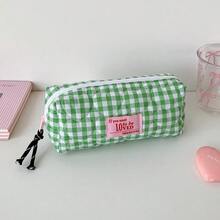 1个韩式绗缝爱心格纹铅笔袋，学生文具收纳包，便携式收纳袋，女生蝴蝶结格子铅笔袋笔盒，基础款单隔层甜美设计，学生返校必备 - 彩色 - 查看 13