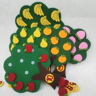 1/5pcs Felt & Non-Woven Kindergarten Toys & Teaching Aids, Fruit Tree Math Montessori Game, For Learning Numbers 1-10, School, Students, Stationery, Learning Supplies, Attractive Items, Kindergarten Children Educational Learning Toys, Math Toys, Including Apple Tree, Pear Tree, Banana Tree, Orange Tree, Peach Tree