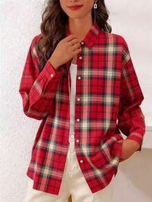Camisa casual de mujer de manga larga con botones delanteros y bolsillo a cuadros - Rojo - Ver 4