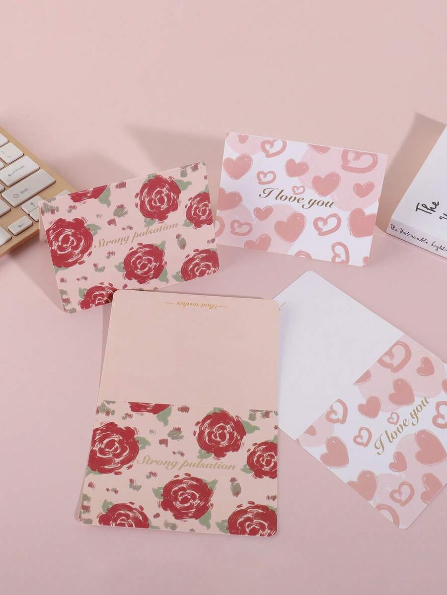 4pcs/Pack Romantic Valentine's Day Heart Pattern Greeting Cards, Decorated With Rose And Heart Patterns, Suitable For Party Invitations, Writing Greetings, And Birthday Gifts, Exquisite Valentine's Day Gift - Sets - View 1