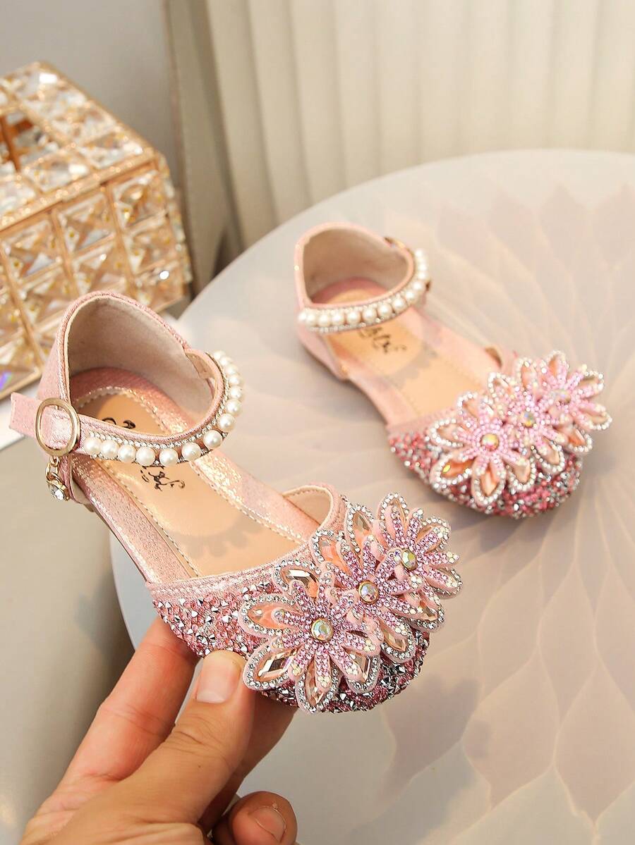 1 Pair Girls' Princess Bow Rhinestone Teddy Bear Summer Sandals, Casual Versatile Flat Slide Sandals, Suitable For Toddler, Little, And Big Kids - Pink - View 1