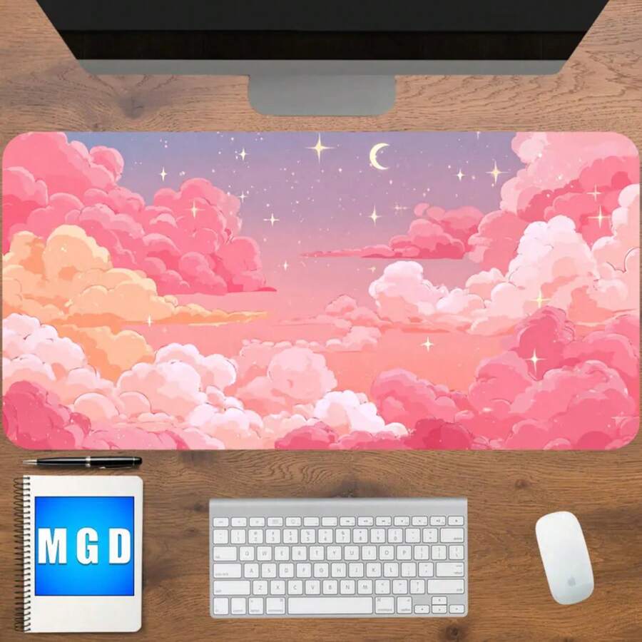Dreamy Pink Cloud Desk Mat, Aesthetic Mouse Pad, Pastel Sky Art, Soft Girl Room Decor, Cute Office Desk Accessory - A - 查看 1
