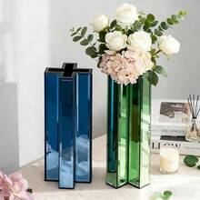 Mirrored Vase - 12 Inch Tall Cross-Shaped Decorative Glass Flower Vases For Home Decor, Living Room Table Kitchen Fireplace Decor - Can't Hold Water - 藍色 - 查看 2