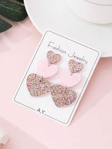 1 Pair Sparkling Heart Sequin Multi-Layer Heart Design Fashion Jewelry Earrings For Women, Suitable As Valentine's Day Gift - Baby Pink - View 2