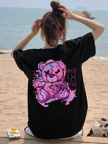 女童涂鸦破熊T恤，粉紫色小熊图案，面料柔软舒适，适合夏季上学日常穿着。 - 黑色 - 查看 7