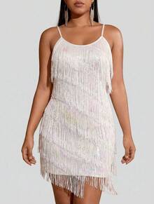 Sedessea 性感亮片流苏饰边吊带紧身连衣裙，适合音乐节、假日派对等场合，优雅迷人 - 白色 - 查看 1