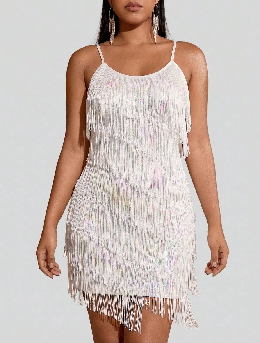 Sedessea 性感亮片流苏饰边吊带紧身连衣裙，适合音乐节、假日派对等场合，优雅迷人 - 白色 - 查看 1