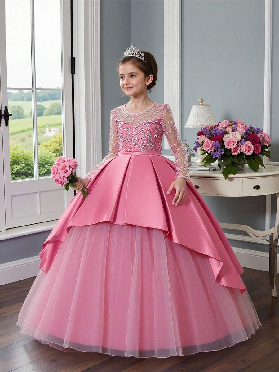 少女刺绣花卉水钻网纱缎面优雅花童礼服，适合婚礼、生日派对，不含头饰 - 藕粉色 - 查看 1