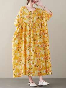 加大码女式黄色碎花圆领蝙蝠袖A字长款连衣裙，带口袋，夏季简约梭织面料，2026波西米亚风加大码休闲长款沙滩度假连衣裙 - 黃色 - 查看 2
