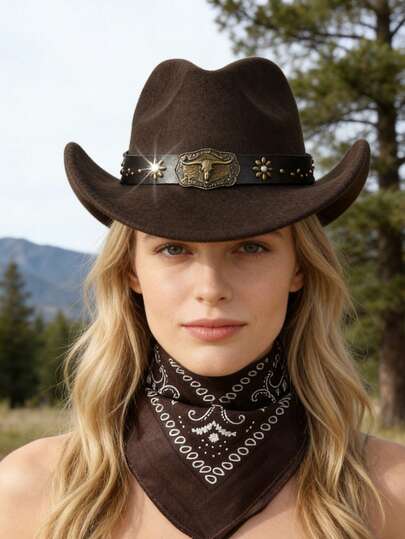 1 Set Vintage Western Style Unisex Cowboy Hat + Cashew Scarf, Fashion Accessories For Bar, Music Festival, Casual Daily Wear